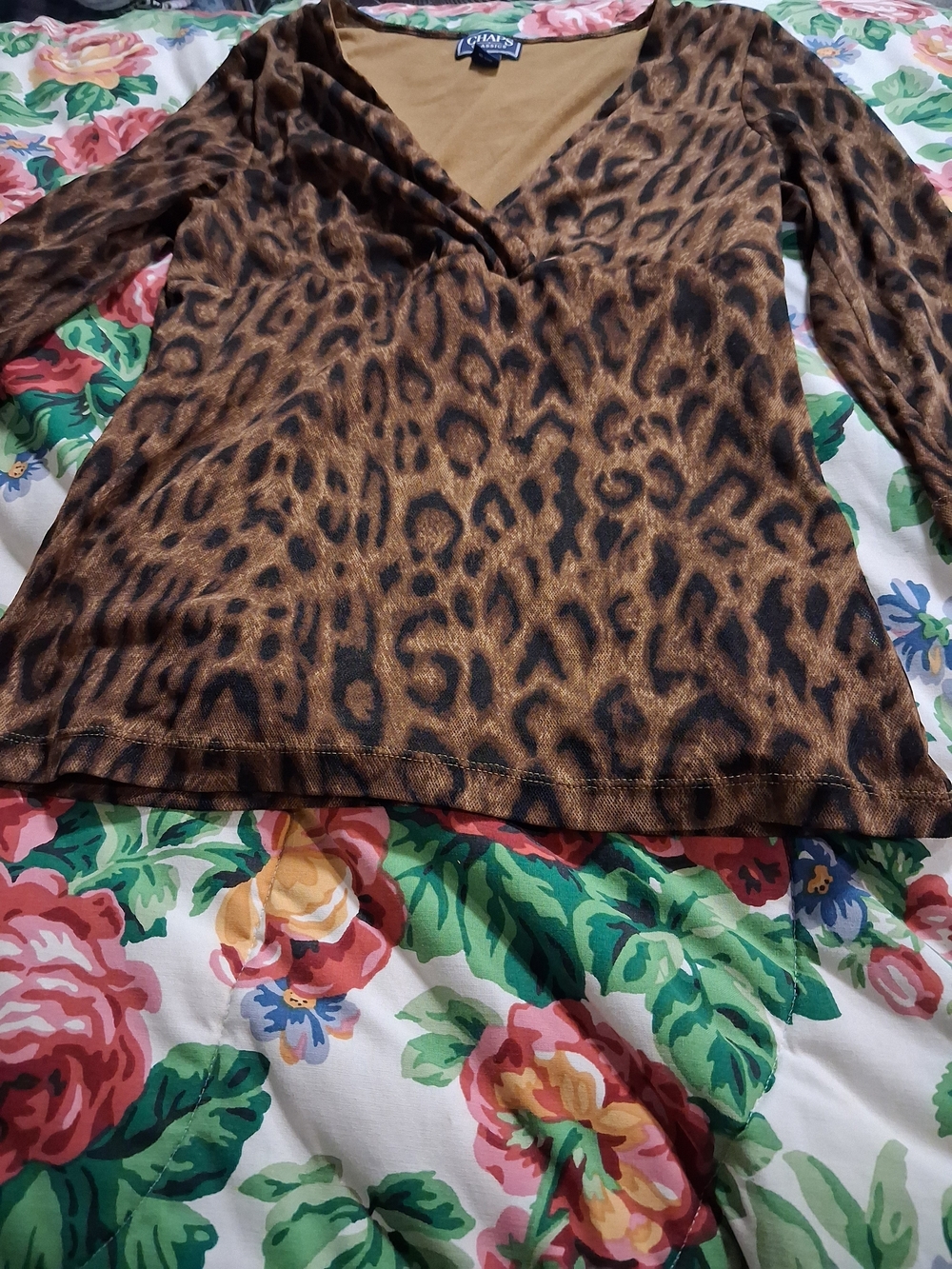 Chaps Brown and Black Leopard Print V-Neck Long Sleeve Top